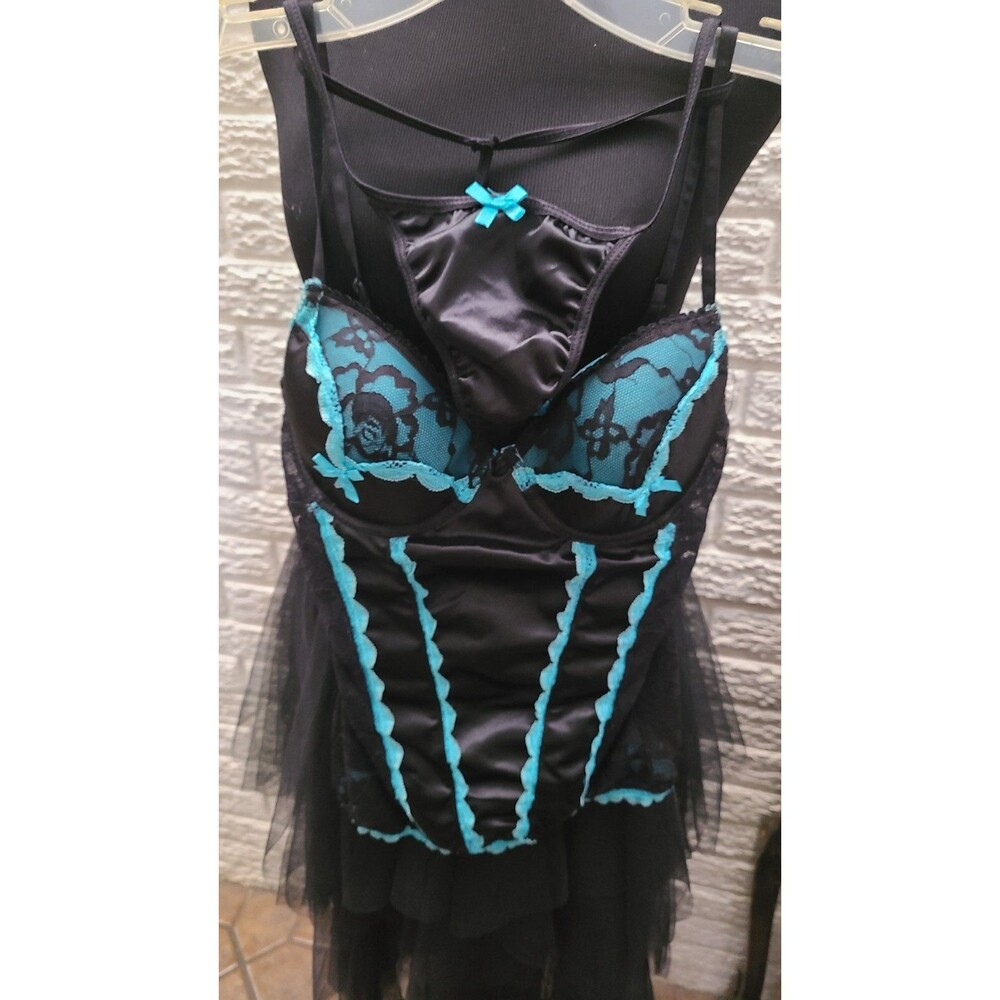 Native Intimates Corset Bustier Women's 34B Turquoise Black Sexy Satin Set Thong